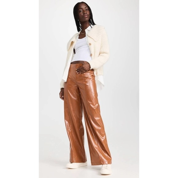 Free People Star Crossed Lovers PatentLeather Straight Leg Pants Brown Sz 8 - Picture 1 of 11